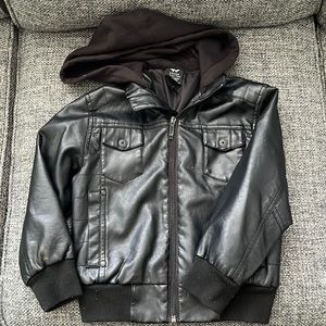 Boys size 4-5 hooded black faux leather jacket